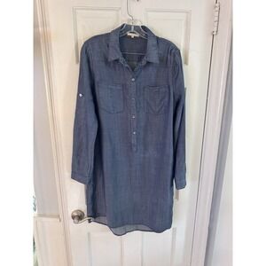 Laju Womens Large Tencel Lyocell Denim Tunic Shirt Dress Roll Tab Sleeve Western
